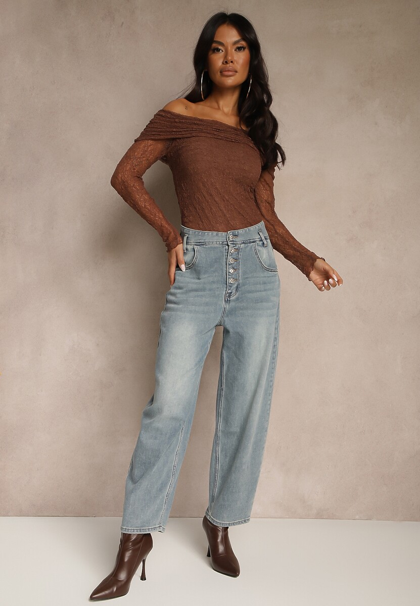 Niebieskie Jeansy High Waist z Bawełną o Kroju Mom Fit Efalina