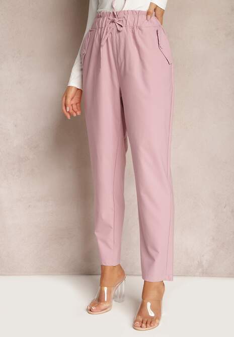 Różowe Spodnie Paper Bag z Elastyczną Talią i Sznurkiem Klemiordia