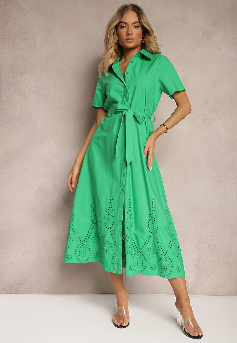 Biała Bawełniana Sukienka o Ażurowym Wykończeniu z Paskiem w Talii Zapinana na Guziki Dimosha