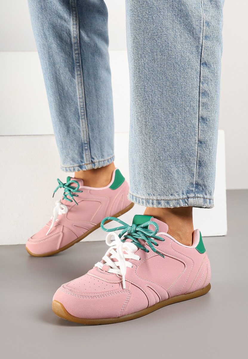 Różowe Sneakersy Ozdobione Przeszyciami i Podwójnym Sznurowaniem Telisaria