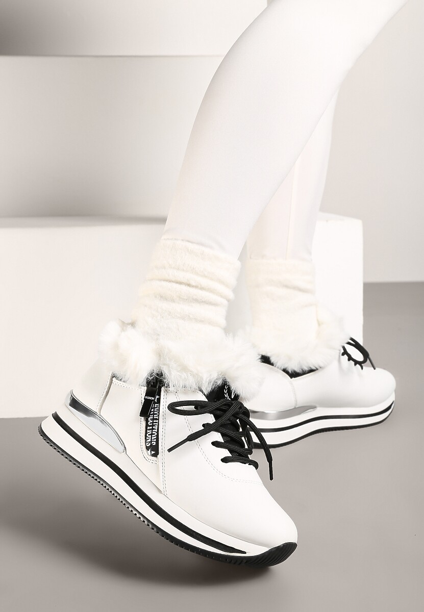 Białe Sznurowane Botki Sneakersy z Futerkiem Gameda