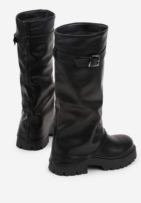 Czarne Kozaki VICES z Marszczoną Cholewką Imitującą Nogawkę ze Sprzączką Valles