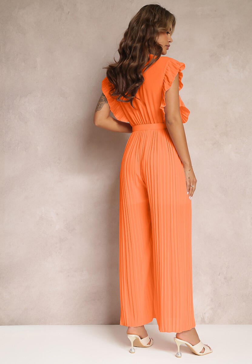 Pomarańczowy Plisowany Kombinezon z Falbankami i Szerokimi Nogawkami Jarina