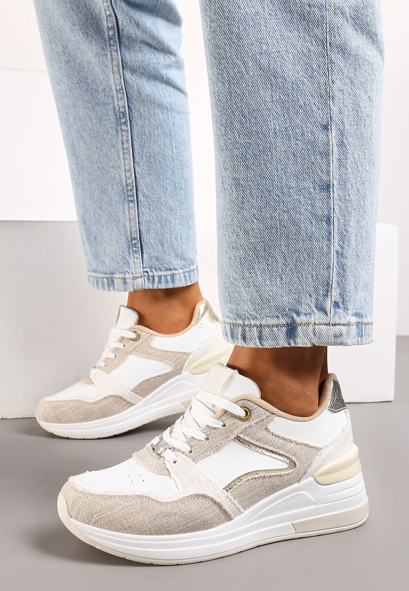 Beżowo-Białe Sneakersy na Niskim Koturnie z Materiałowymi Wstawkami Aquamarine