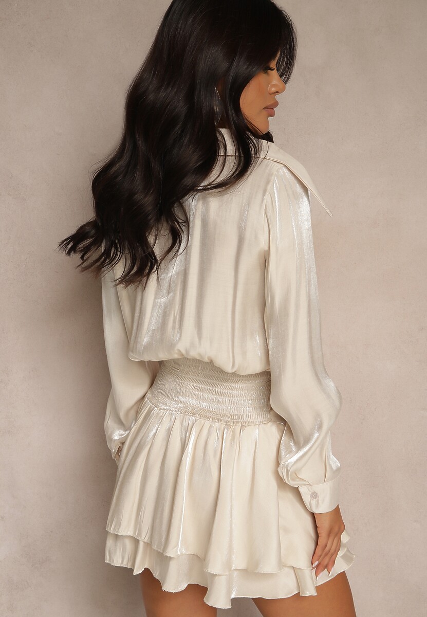 Beżowa Wiskozowa Sukienka o Koszulowym Fasonie z Falbanami Lioelle