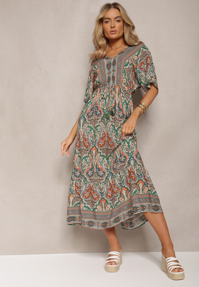 Zielono-Brązowa Wiskozowa Sukienka Maxi z Gumką w Pasie Ozdobiona Wzorem Paisley Larite
