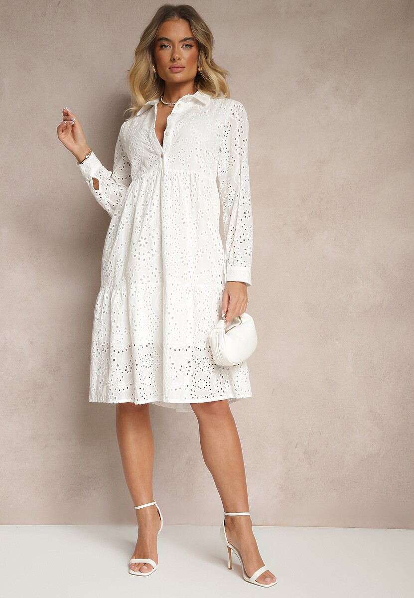 Biała Koszulowa Sukienka z Bawełny z Ażurowym Zdobieniem Ridioriana