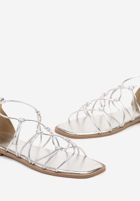 Srebrne Sandały Rzymianki Ozdobione Rzemykiem Nilumea