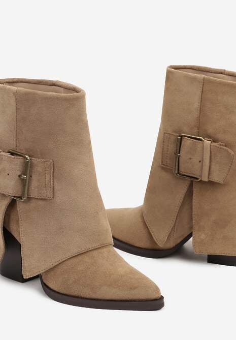 Ciemnobeżowe Botki Kowbojki na Słupku Ozdobione Wywiniętą Cholewką Ansinae