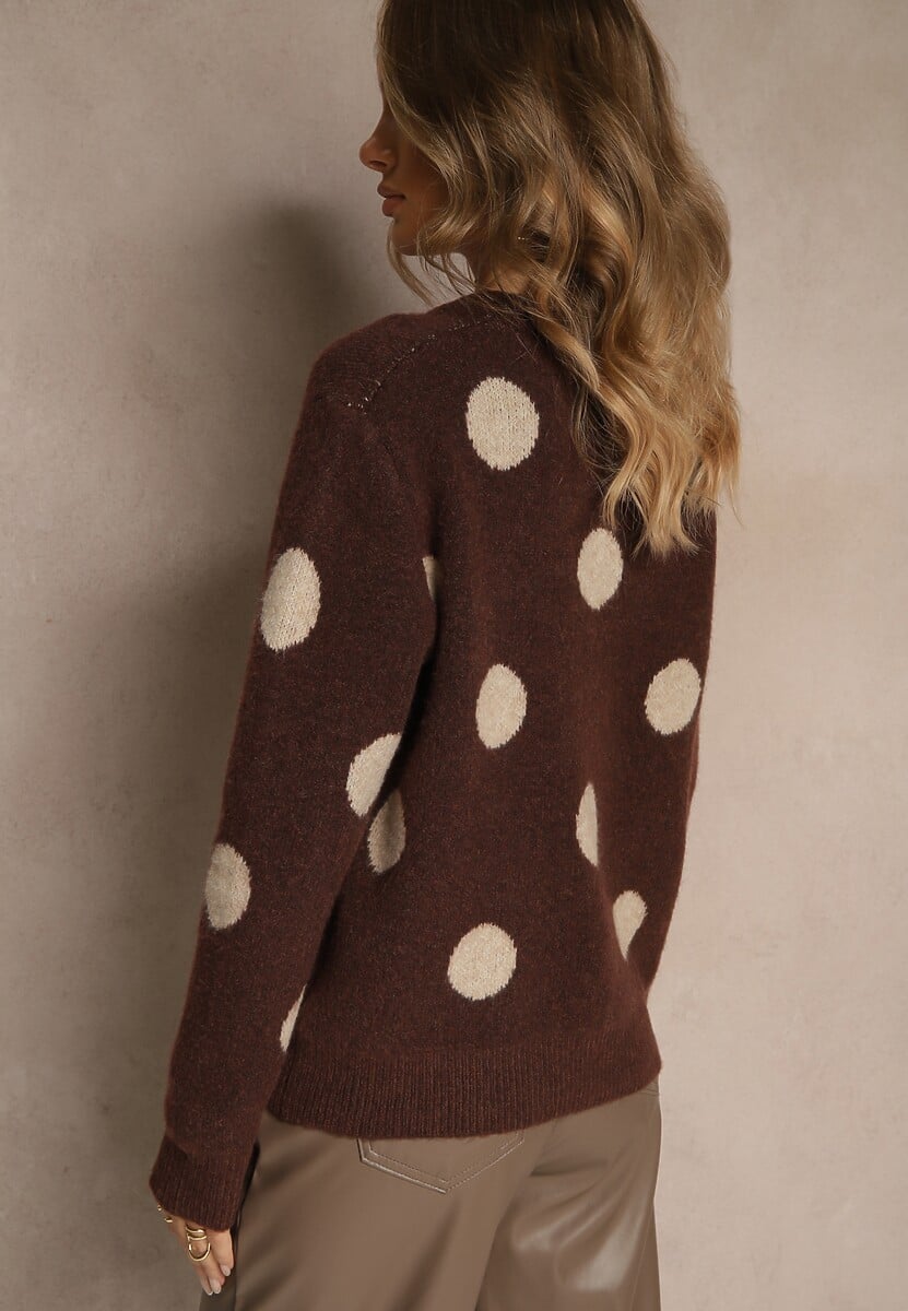 Brązowy Sweter z Wełną o Prostym Kroju w Grochy Fenilevia