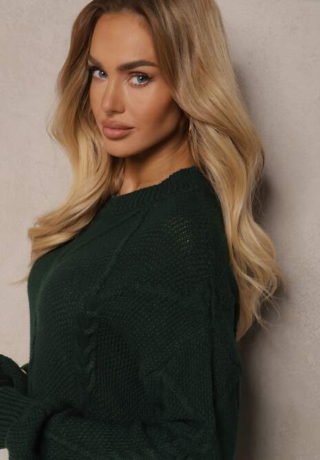 Ciemnozielony Sweter z Ozdobnym Tłoczeniem i Ściągaczami Temariel