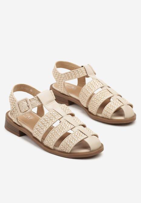Beżowe Sandały Ozdobione Plecionką Zapinane na Sprzączkę Liaseria