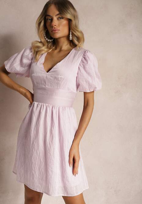 Różowa Taliowana Sukienka z Dodatkiem Bawełny na Suwak Ozdobiona Bufiastymi Rękawami Malfea