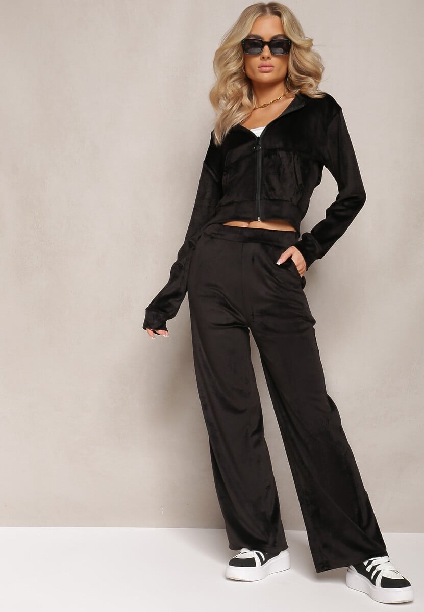 Beżowy Komplet Dresowy z Welurowej Dzianiny Szerokie Spodnie i Krótka Bluza Avilti