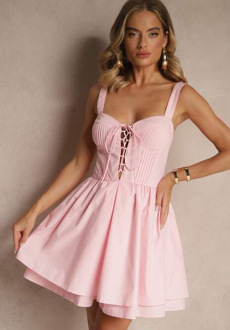 Różowa Rustykalna Sukienka Vices z Bawełny Zdobiona Wiązaniem Fenirelle