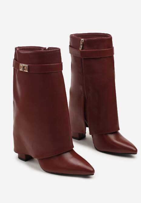 Bordowe Botki na Słupkowym Obcasie z Wywiniętą Cholewką ze Zdobieniem Tulareia