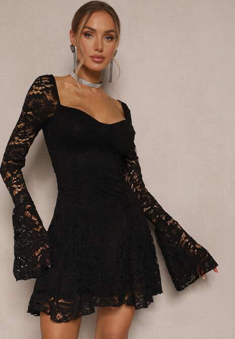Czarna Gorsetowa Rozkloszowana Sukienka Koktajlowa z Koronką Leanirwen