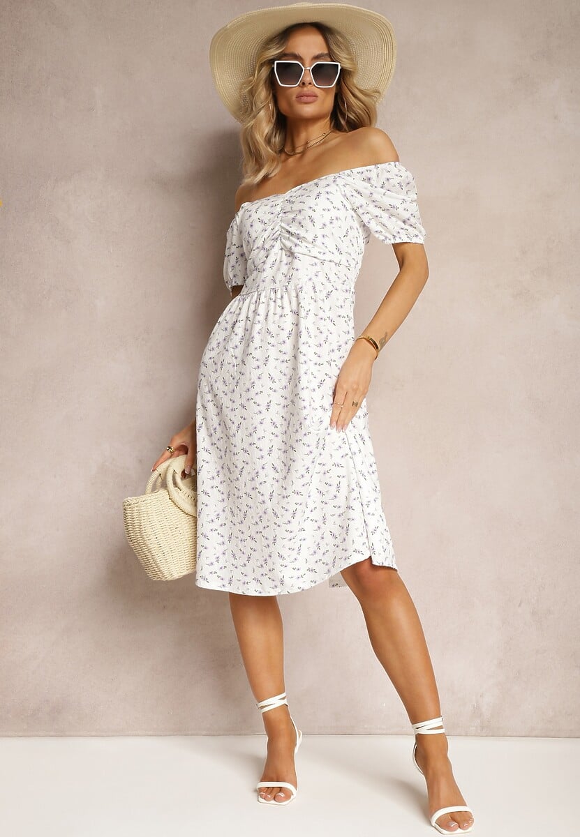 Biało-Miętowa Kwiecista Sukienka z Marszczeniem przy Dekolcie i Gumką w Talii Fripia