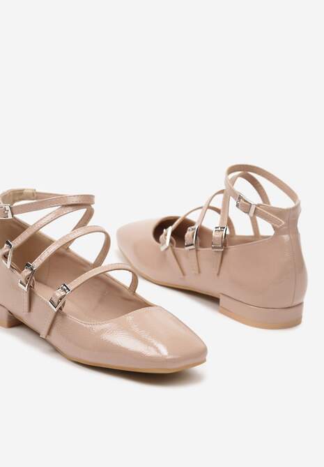 Beżowe Balerinki z Paskami Zapinanymi na Sprzączki Prundia