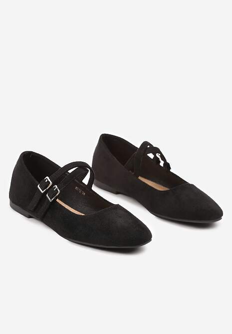 Czarne Balerinki o Kwadratowym Nosku z Paskami i Eleganckimi Klamerkami Nailan