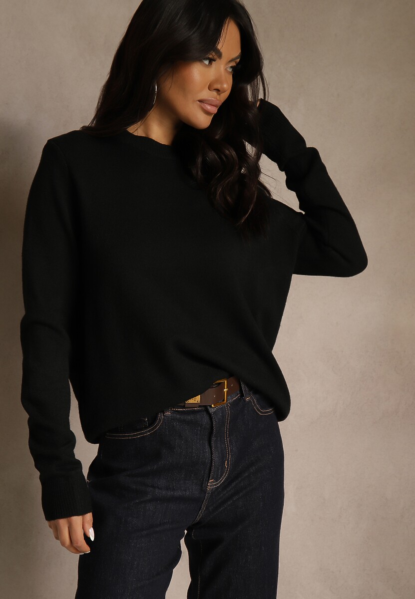 Czarny Klasyczny Sweter z Wełną i Bawełną Bez Zdobień Neandia