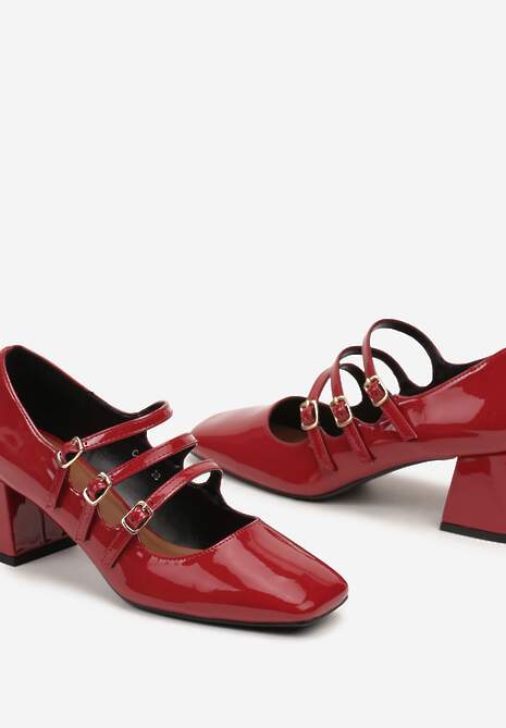 Bordowe Czółenka na Obcasie Lakierowane Typu Mary Jane z Cienkimi Paskami Revessa