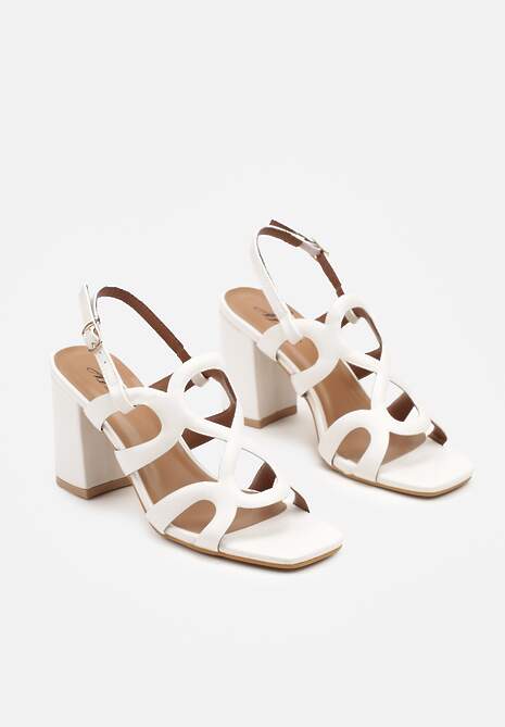 Białe Sandały na Słupku Ozdobione Geometrycznymi Motywem Meloneira