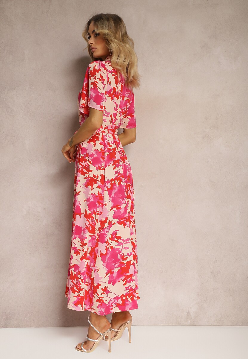 Czerwono-Różowa Koszulowa Sukienka w Kwiaty z Krótkim Rękawem i Materiałowym Paskiem Moahia