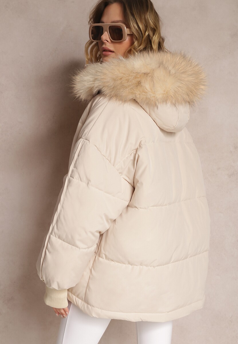 Beżowa Kurtka Oversize z Futrzanym Kapturem Haduni
