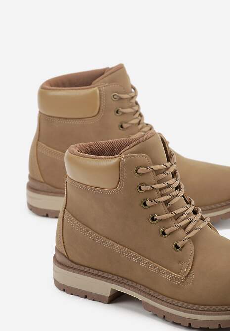 Ciemnobeżowe Sznurowane Traperki w Casualowym Stylu Anavitte