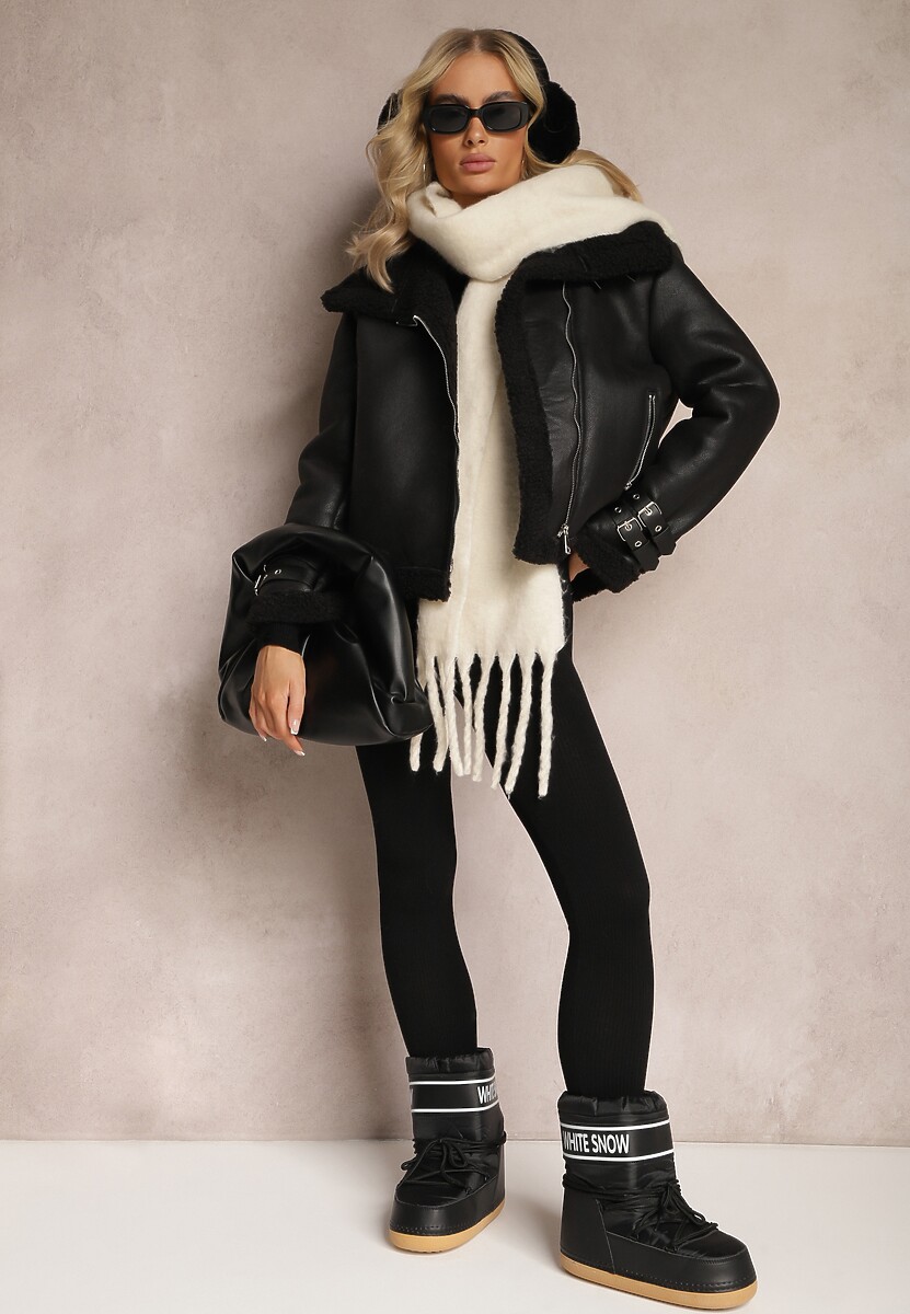 Czarna Kurtka Biker z Futerkiem Asymetrycznym Suwakiem i Paseczkami Sanet