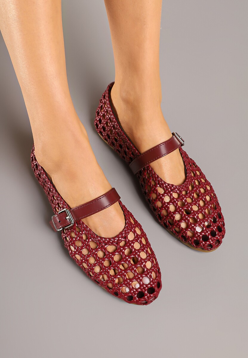 Bordowe Balerinki Ozdobione Paskiem i Plecionką Linalanna