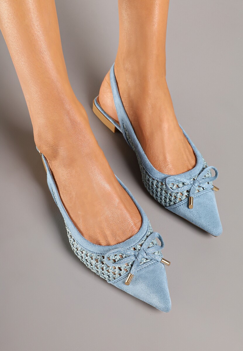 Niebieskie Sandały Balerinki z Plecionki ze Szpiczastym Noskiem i Kokardką Leawenne