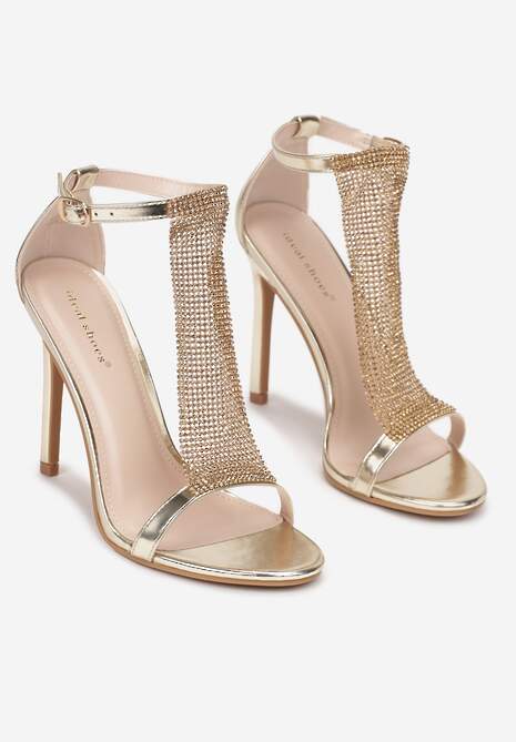Złote Sandały na Szpilce z Cyrkoniami i Sprzączką Faltifi