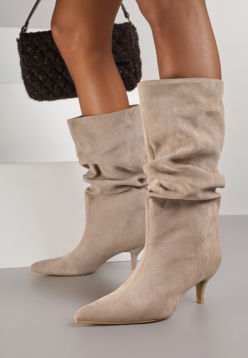 Ciemnobeżowe Botki na Kaczuszce z Marszczoną Cholewką Nalorena