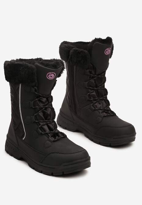 Czarne Śniegowce z Pikowanym Przeszyciem i Futerkiem na Grubej Podeszwie Amartina