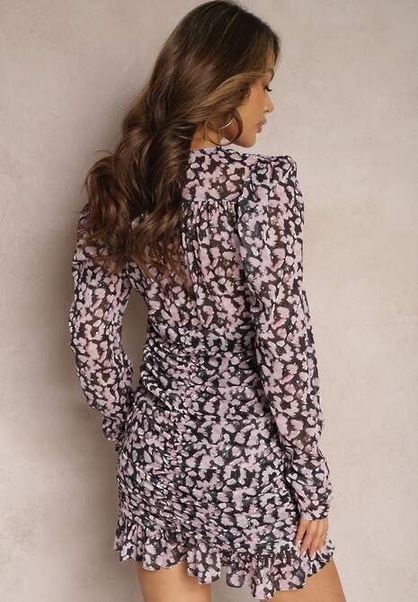 Czarno-Różowa Mini Sukienka Marszczona o Dopasowanym Kroju z Bufiastymi Rękawami Erilna