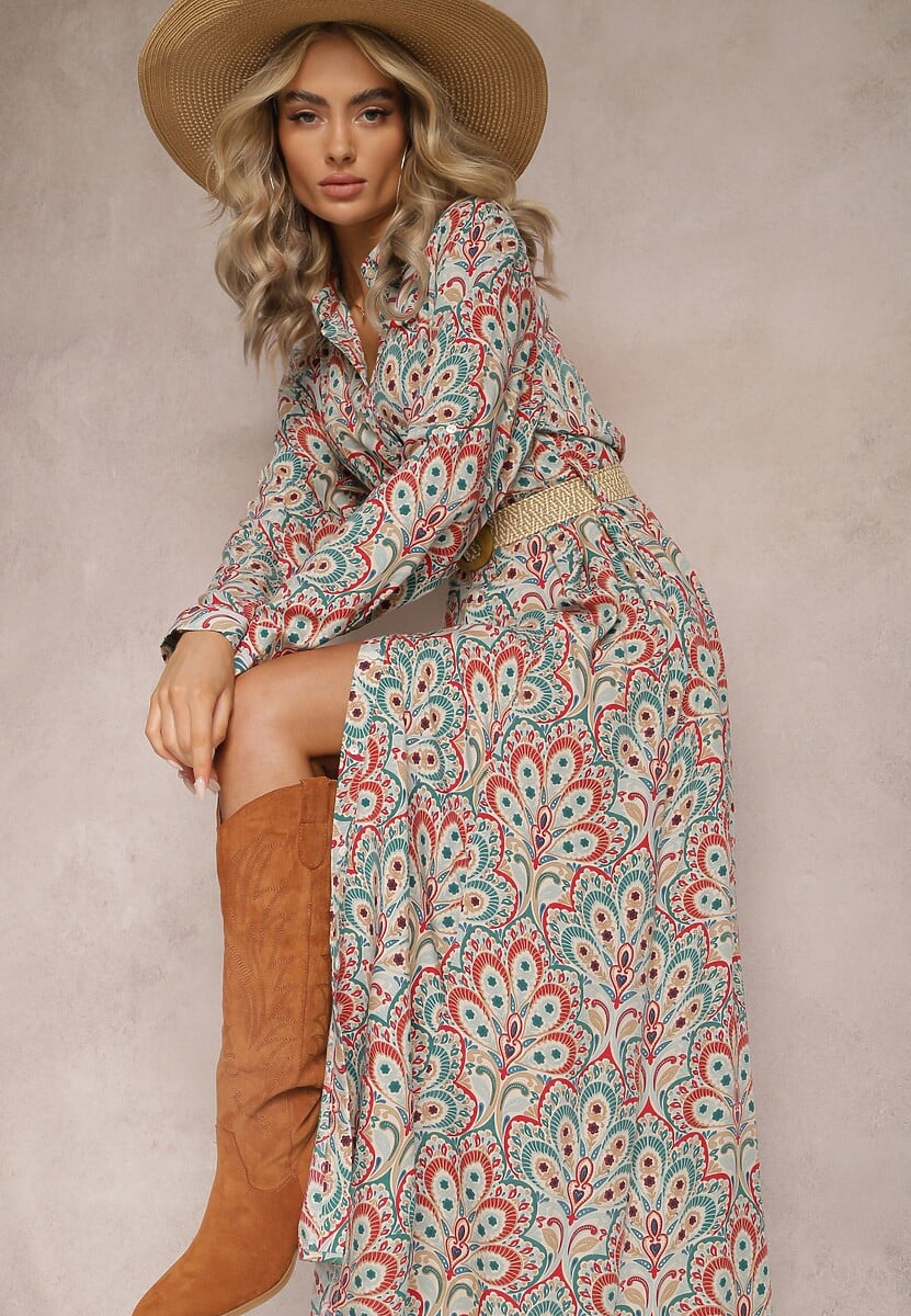 Miętowo-Różowa Koszulowa Sukienka z Dodatkowym Paskiem i Podpinanymi Rękawami Alonie