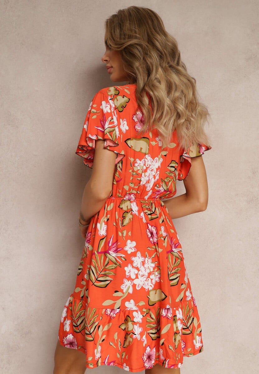 Pomarańczowa Wiskozowa Sukienka Mini z Gumką w Talii i Kopertowym Dekoltem w Kwiaty Eleagnecca