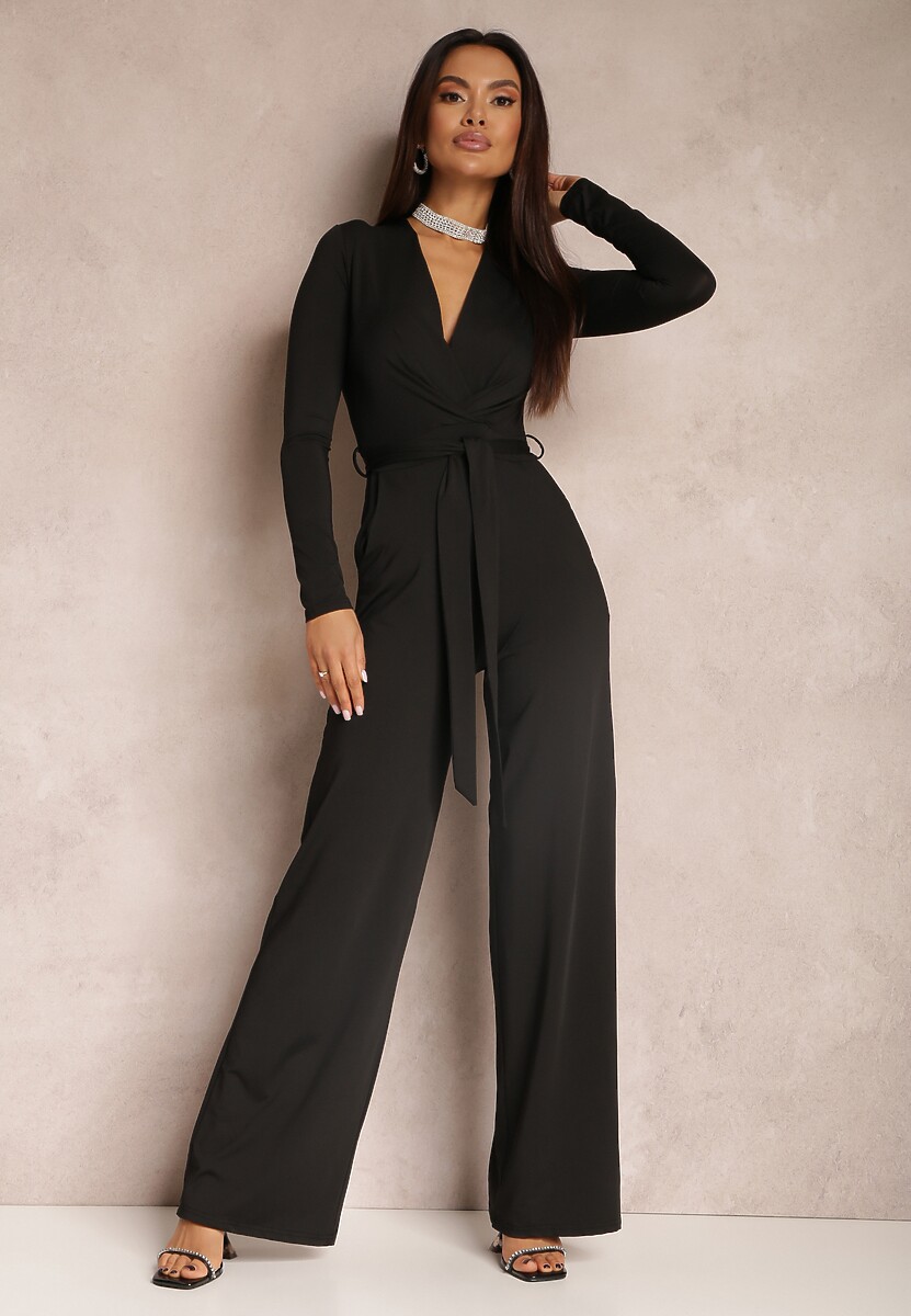 Czarny Kombinezon z Kopertowym Dekoltem Ivemie