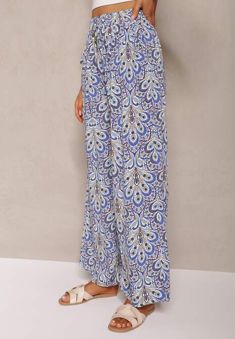 Niebieskie Boho Spodnie z Wiskozy High Waist z Szerokimi Nogawkami i Gumką w Pasie Walnena