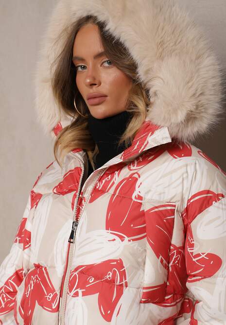 Beżowo-Czerwona Krótka Kurtka z Pikowaniem w Serca z Kapturem i Odpinanym Futrzanym Kołnierzem Enavithra