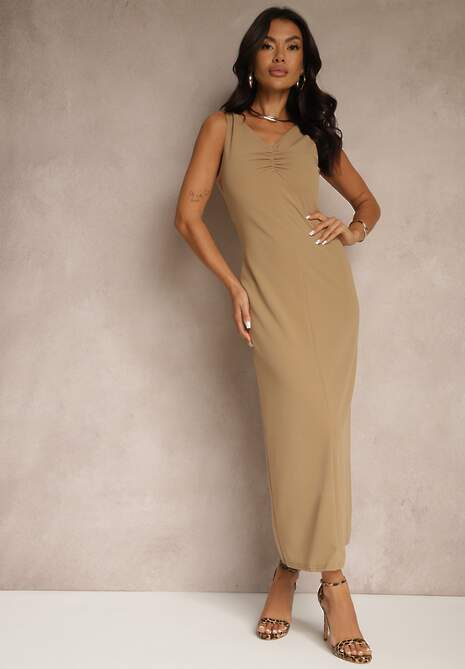 Beżowa Sukienka z Wiskozą o Dopasowanym Kroju z Marszczeniem Tilorrea