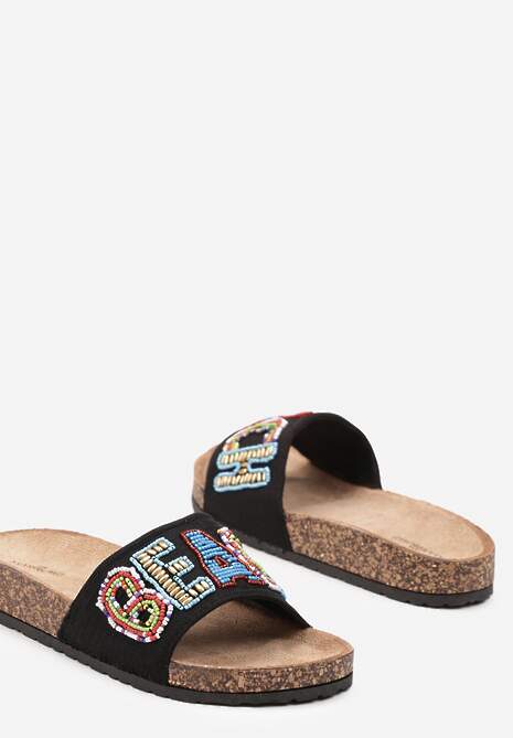 Czarne Klapki na Płaskiej Korkowej Podeszwie z Ozdobnym Napisem Cedemia