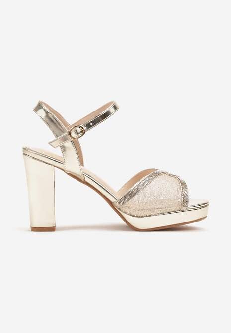 Złote Transparentne Sandały na Słupkowym Obcasie Zdobione Brokatem Valdiva