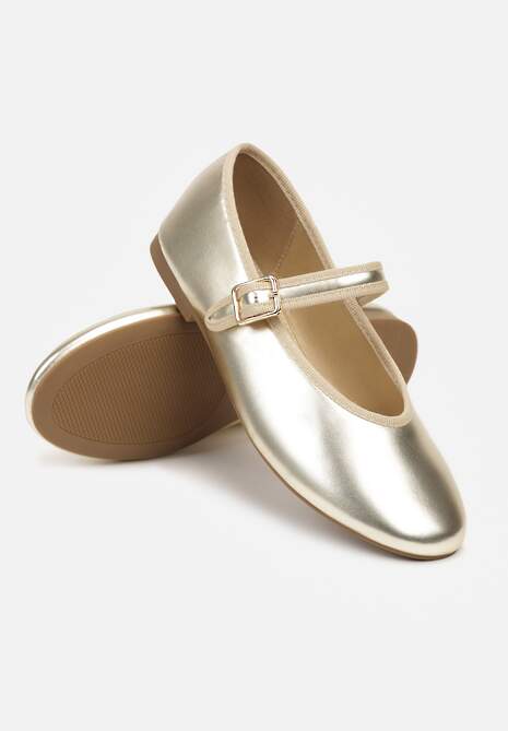 Złote Balerinki na Płaskiej Podeszwie Zapinane na Sprzączkę Sedela