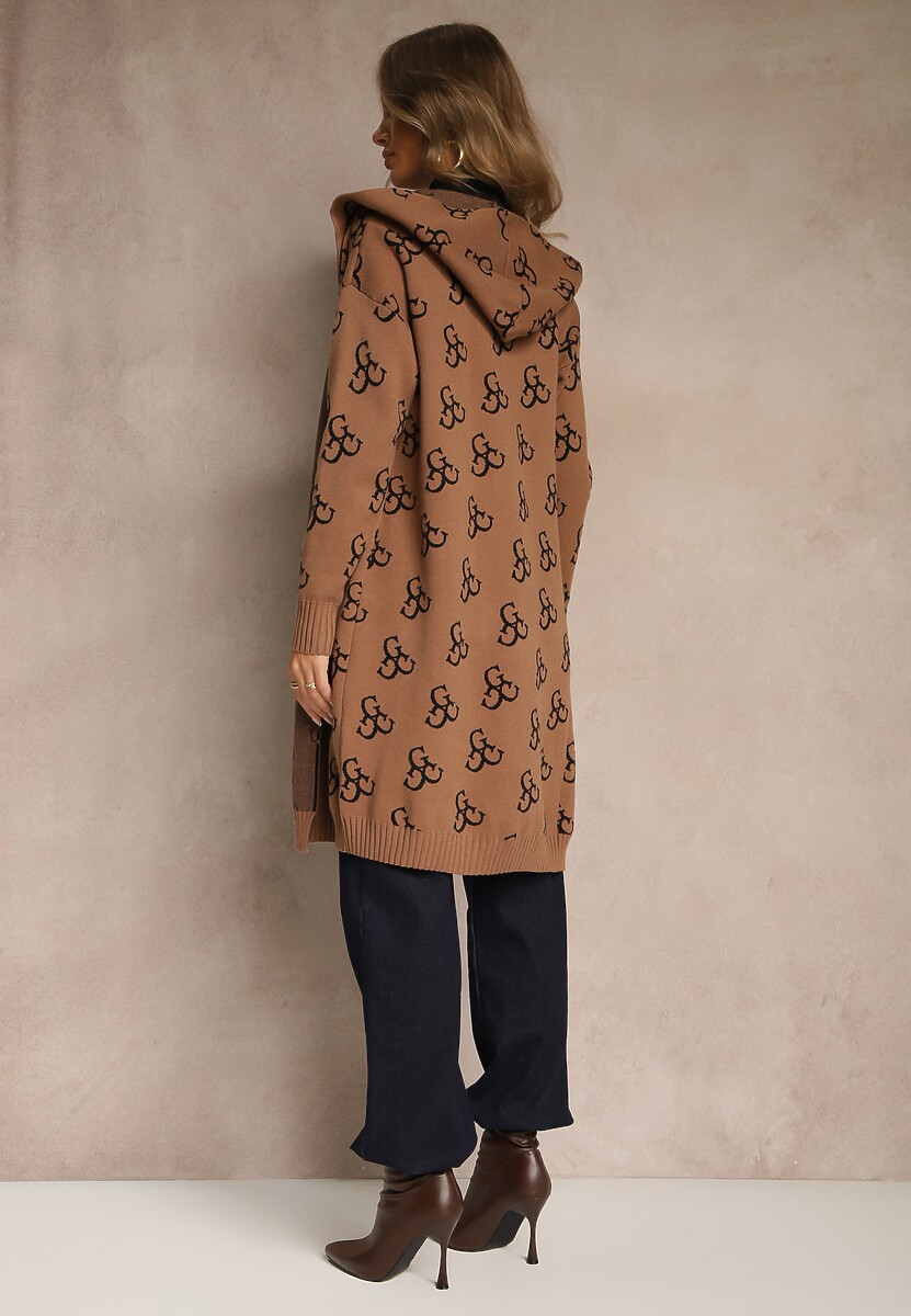 Brązowy Kardigan Ozdobiony Geometrycznym Wzorem Ralittia