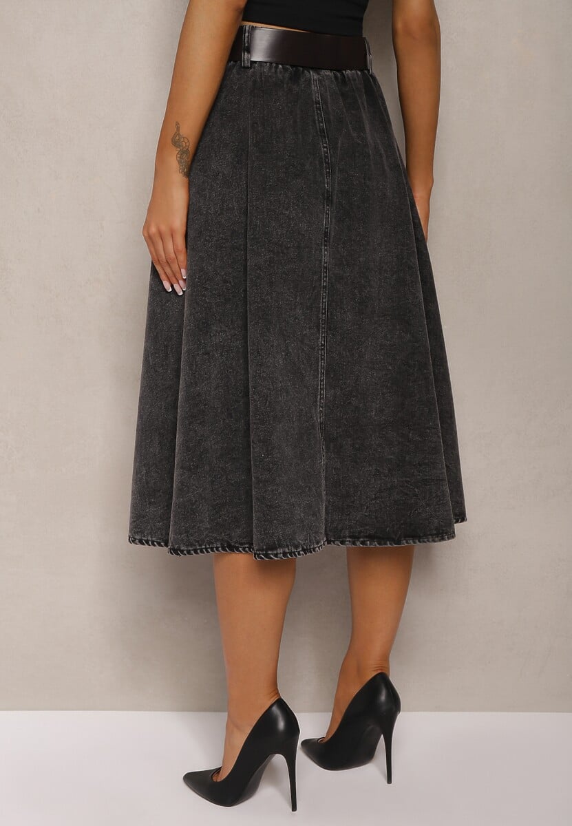 Czarna Rozkloszowana Spódnica Jeansowa Midi z Paskiem Wendlla