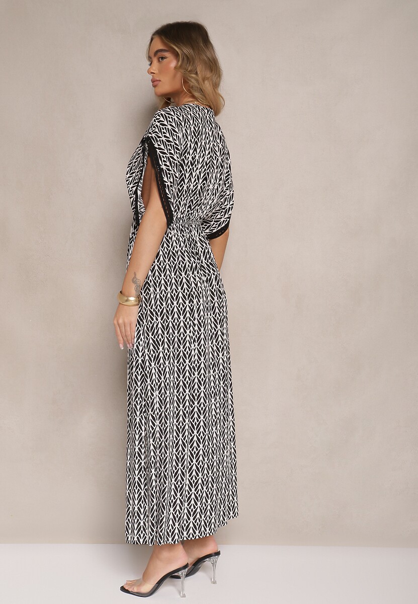 Czarno-Biała Sukienka Rozkloszowana z Bawełny Wykończona Koronką Lanadria