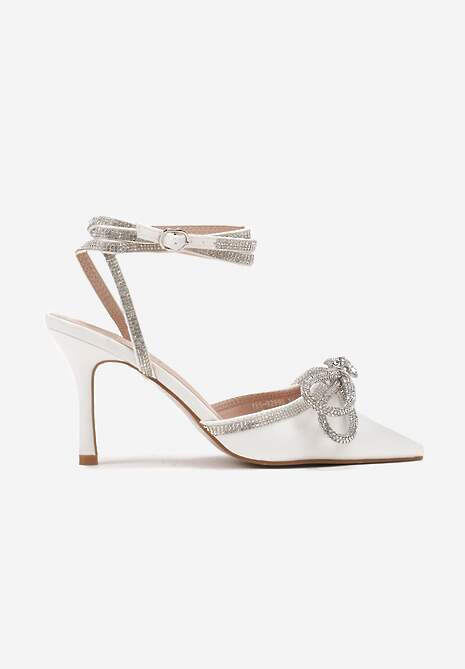 Białe Szpilki z Paskami i Kokardką w Cyrkonie Carolia